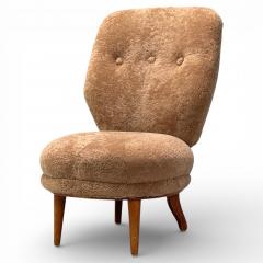 Swedish Modern Slipper Chair Brown Sheepskin Birch Sweden 1950s - 4448406