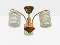 Swedish Modern Small Pendant Light Brass Teak Textured Glass Sweden 1950s - 4697090
