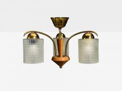 Swedish Modern Small Pendant Light Brass Teak Textured Glass Sweden 1950s - 4697091