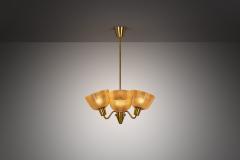 Swedish Modern Three Armed Chandelier with Frosted Glass Shades Sweden 1940s - 4107965
