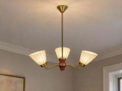 Swedish Modern Three Light Pendant Light Brass Wood Glass Sweden 1950s - 4804309