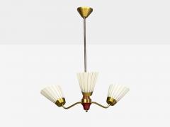 Swedish Modern Three Light Pendant Light Brass Wood Glass Sweden 1950s - 4804311