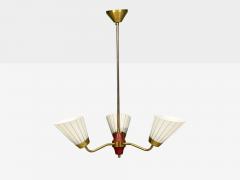 Swedish Modern Three Light Pendant Light Brass Wood Glass Sweden 1950s - 4804312