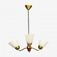 Swedish Modern Three Light Pendant Light Brass Wood Glass Sweden 1950s - 4817943