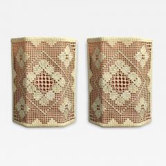 Swedish Modern Wall Sconces Pink and White Crocheted Fabric Sweden 1970s - 4545547