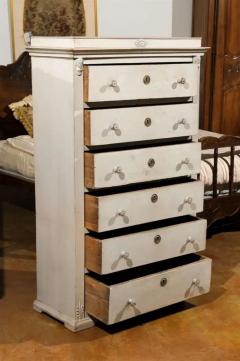Swedish Neoclassical Style Painted Tall Chest with Carved Faces and Palmettes - 3415481