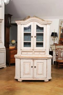 Swedish Rococo Period 1780s Painted Vitrine Cabinet with Molded Bonnet Top - 3555825