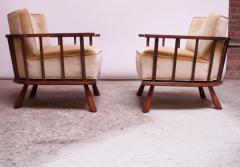 T H Robsjohn Gibbings Pair of T H Robsjohn Gibbings Stained Walnut Barrel Back Lounge Chairs - 1207949