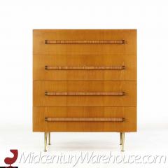 T H Robsjohn Gibbings Robsjohn Gibbings for Widdicomb 4 Drawer Walnut Cane and Brass Highboy Dresser - 3688524