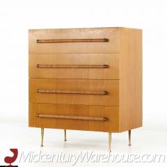 T H Robsjohn Gibbings Robsjohn Gibbings for Widdicomb 4 Drawer Walnut Cane and Brass Highboy Dresser - 3688525