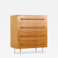 T H Robsjohn Gibbings Robsjohn Gibbings for Widdicomb 4 Drawer Walnut Cane and Brass Highboy Dresser - 3690454