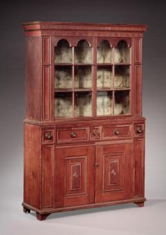 TWO PART RED PAINTED BERGEN COUNTY CUPBOARD - 2391491