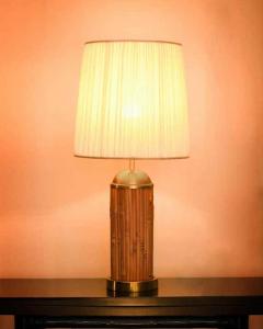 Table Lamp in Rattan and Brass from the 70s Complete with Fabric Lampshade - 3349689