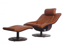 Takashi Okamura Mid Century Danish Modern Rosewood Leather Swivel Lounge Chair Ottoman Set - 1958525