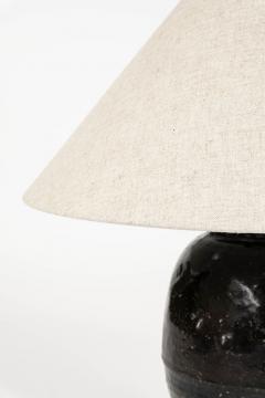Tall Black Glazed Pottery Table Lamp with Linen Shade - 4426699
