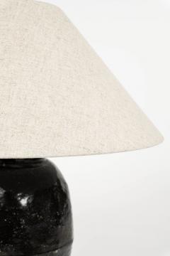 Tall Black Glazed Pottery Table Lamp with Linen Shade - 4426701