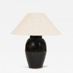 Tall Black Glazed Pottery Table Lamp with Linen Shade - 4427039
