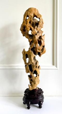 Tall Elegant Chinese Scholar Rock Yellow Taihu Stone on Wood Stand - 4560689