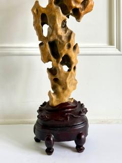 Tall Elegant Chinese Scholar Rock Yellow Taihu Stone on Wood Stand - 4560693