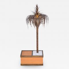 Tall Italian Hollywood Regency Palm shaped lamp in brass and wood with cabinet - 2700559