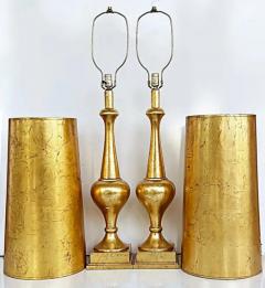 Tall Midcentury Pair Italian Gold Leaf Turned Wood Table Lamps with Gilt Shades - 3513620