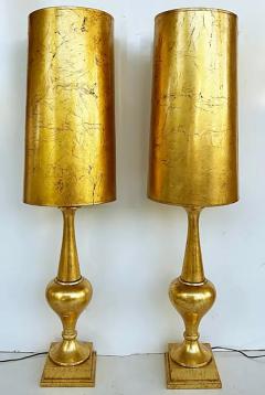 Tall Midcentury Pair Italian Gold Leaf Turned Wood Table Lamps with Gilt Shades - 3513634
