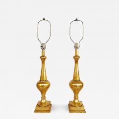 Tall Midcentury Pair Italian Gold Leaf Turned Wood Table Lamps with Gilt Shades - 3527615