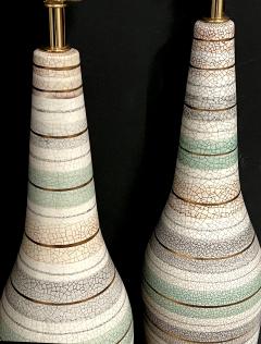 Tall Pair 1960s Bottle form Striped Ceramic Lamps with Crackle Glaze Finish - 4523955