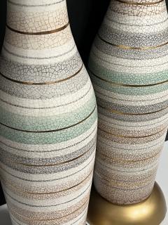 Tall Pair 1960s Bottle form Striped Ceramic Lamps with Crackle Glaze Finish - 4523956