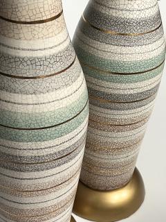 Tall Pair 1960s Bottle form Striped Ceramic Lamps with Crackle Glaze Finish - 4523957
