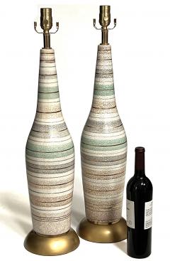 Tall Pair 1960s Bottle form Striped Ceramic Lamps with Crackle Glaze Finish - 4523959
