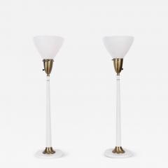 Tall Pair Rembrandt Lamp Co White Candlestick Lamps with Glass Shades 1950s - 2651757