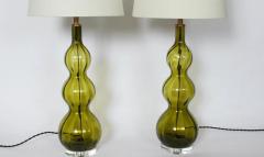 Tall Pair of Olive Green Art Glass Table Lamps 1950s - 3009771