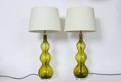 Tall Pair of Olive Green Art Glass Table Lamps 1950s - 3009772