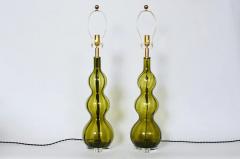 Tall Pair of Olive Green Art Glass Table Lamps 1950s - 3009791