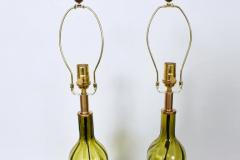 Tall Pair of Olive Green Art Glass Table Lamps 1950s - 3009795