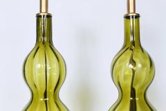 Tall Pair of Olive Green Art Glass Table Lamps 1950s - 3009796