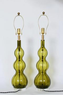 Tall Pair of Olive Green Art Glass Table Lamps 1950s - 3009803