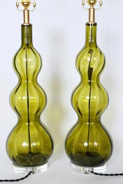 Tall Pair of Olive Green Art Glass Table Lamps 1950s - 3009813