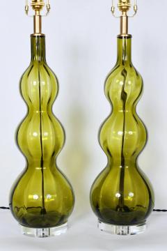 Tall Pair of Olive Green Art Glass Table Lamps 1950s - 3009814
