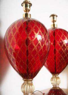 Tall Ruby Red and Gold Leaf Murano Glass Table Lamps 1975s - 1798474