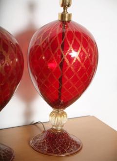 Tall Ruby Red and Gold Leaf Murano Glass Table Lamps 1975s - 1798476