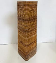 Tall Vintage Pencil Reed Rattan Pedestal with Black Glass - 4554891