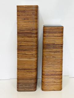 Tall Vintage Pencil Reed Rattan Pedestal with Black Glass - 4554895