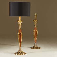 Tall pair of American wood and brass table lamps - 1964461