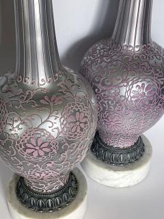 Tall pair of reverse silvered lamps with applied floral vine decoration - 2617747