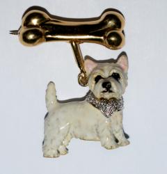 Terrier Dog Bone Gold Enamel Brooch - 2107287