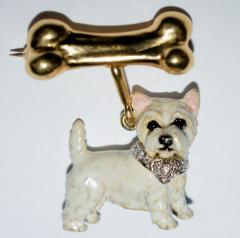 Terrier Dog Bone Gold Enamel Brooch - 2107295