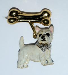 Terrier Dog Bone Gold Enamel Brooch - 2107296