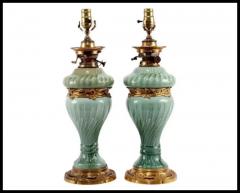 Th odore Deck Pair of French Theodore Deck Ormolu Mounted Celadon Porcelain Lamps - 3865337